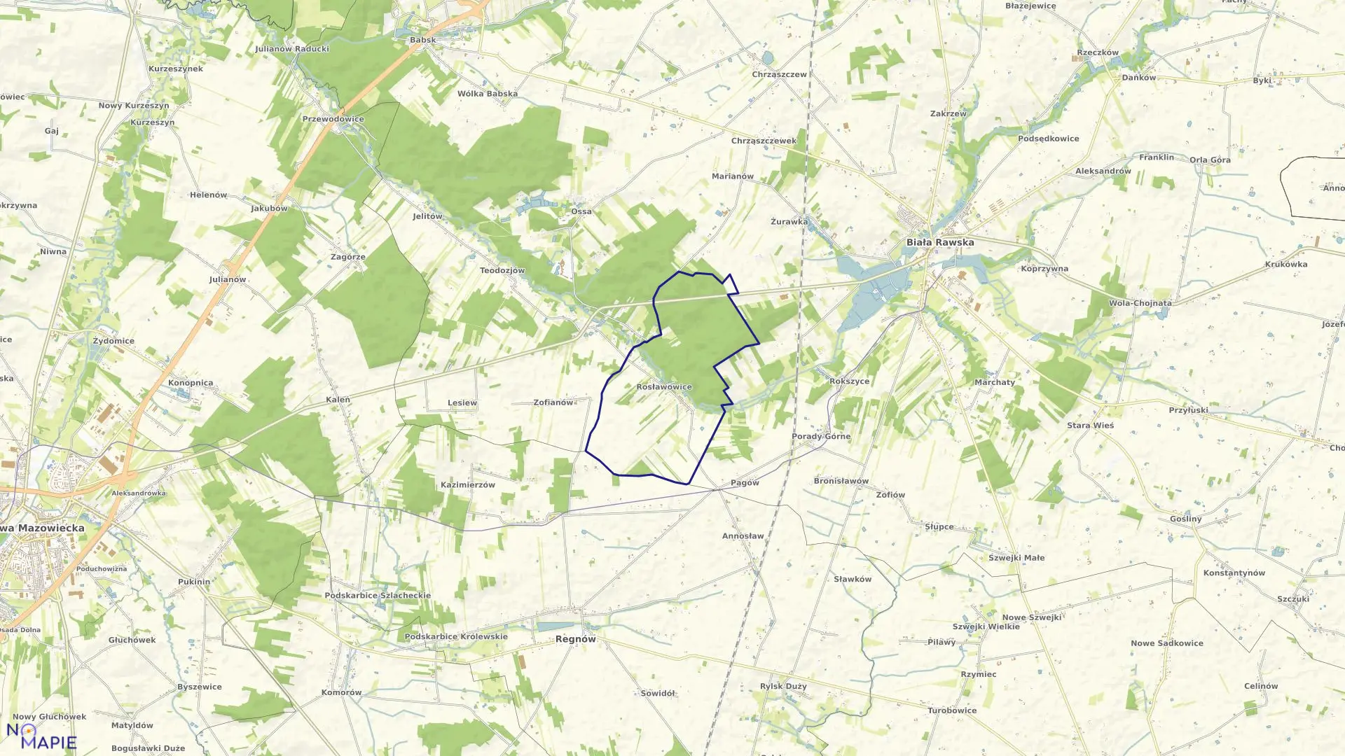 Mapa obrębu ROSŁAWOWICE w gminie Biała Rawska